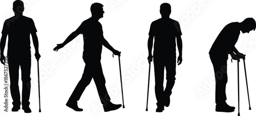 Elderly man walking with cane silhouette set showing aging mobility support balance independence senior lifestyle and healthcare concept