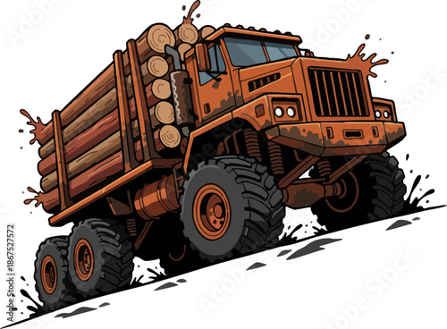 Powerful cargo truck carrying wood logs on rough terrain.