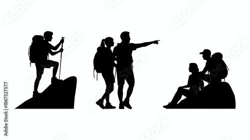 a silhouette depiction of a family enjoying an outdoor adventure together hiking through mountainous terrain showing camaraderie high quality professional detailed modern elegant stylish clean crisp