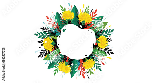 A delightful circular arrangement of yellow wildflowers and vibrant green leaves creating a whimsical border for a white space.