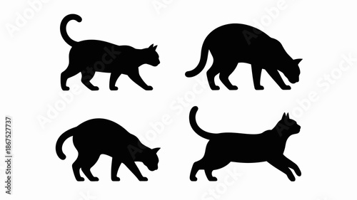a minimalist depiction of four black cat silhouettes in various poses showing their forms and graceful movements clearly high quality professional detailed modern elegant stylish clean