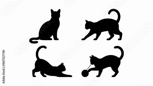 a minimalist depiction showcases four black cat silhouettes in various poses including sitting walking and playing with a ball high quality professional detailed modern elegant stylish
