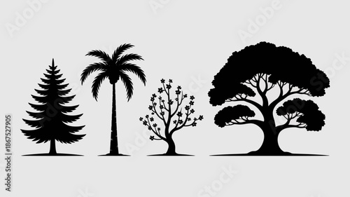 a minimalistic depiction of four distinct tree silhouettes ranging in shape and size against a neutral background high quality professional detailed modern elegant stylish clean crisp