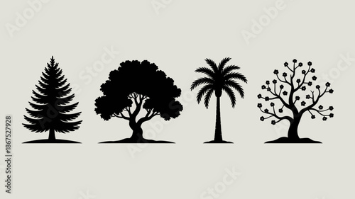 a simple illustration showcases four distinct tree silhouettes against a plain background representing a variety of botanical forms and shapes high quality professional detailed modern elegant