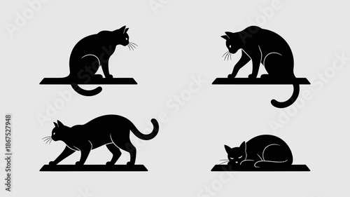 a collection of sleek black cat silhouettes displayed in various poses including sitting lying and prowling on simple platforms high quality professional detailed modern elegant stylish