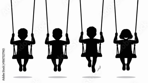 a simple black and white illustration depicts four silhouetted children joyfully swinging on individual swings creating a playful and nostalgic scene high quality professional detailed modern