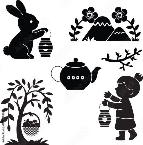 Black and white vector silhouettes template of cute nature and cultural elements including rabbit holding lantern flowers mountains bird branch child fruit basket willow design