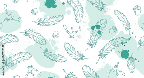 Delicate sketched feathers with soft aqua watercolor splashes on a white background.
