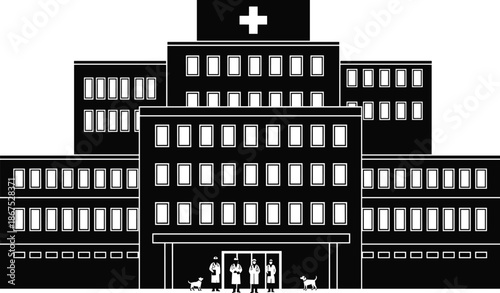 Hospital building silhouette with medical staff and patients representing healthcare service emergency treatment medicine facility and public health concept