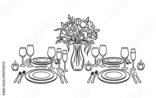 Elegant Table Setting with Flowers Line Art vector Illustration