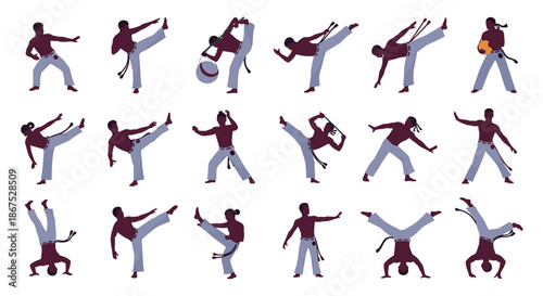 Dynamic set of capoeira fighters in various poses, showcasing the unique blend of martial arts, dance, and acrobatics from Brazil.