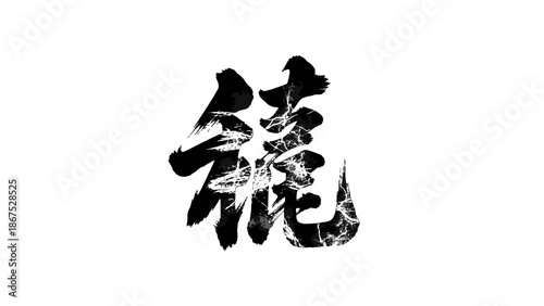 Dynamic black calligraphic Chinese character "Dragon" with ink splatters on isolated white background
