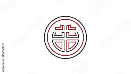 Traditional Asian Geometric Circle Symbol with Red Outline, Intricate Cultural Pattern on Isolated White Background