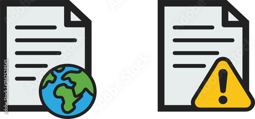 Document icons vector illustration set, global data and warning file symbols for information technology and management