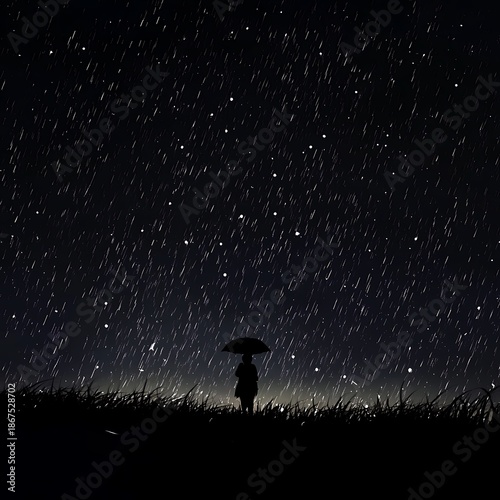Silhouette person under umbrella watching starry night rain high resolution image