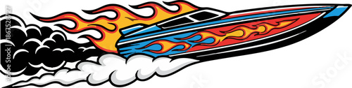 High Speed Racing Powerboat with Hot Rod Flames Vector Illustration