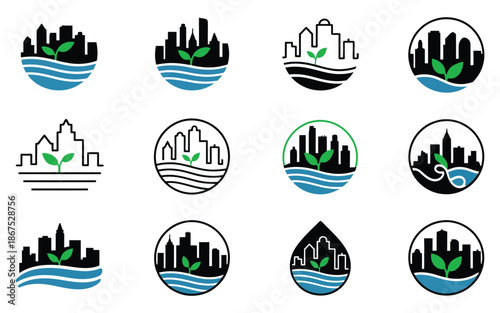 urban farming logos, urban farming riptides icon set, logo collection featuring wave powered irrigation concepts, sustainable agriculture branding, harmonious logo variations, Eco friendly urban farm 