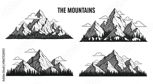 Illustrations of majestic snow capped mountain ranges surrounded by evergreen forests and clouds.
