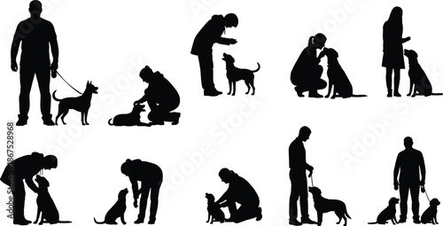 People with dogs silhouette set showing walking training caring bonding companionship pet ownership love and daily life activities concept