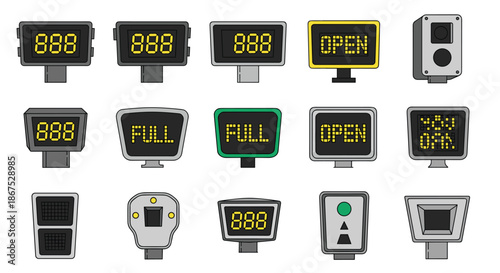 Collection of various digital parking signs and sensors, including LED displays showing numbers, 'OPEN', 'FULL', and other information.