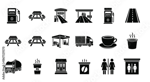 Black silhouette icon set for a rest stop or service area, featuring a gas station, picnic table, truck, coffee, and restrooms.