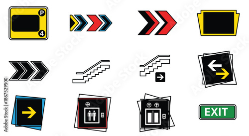 Set of modern wayfinding and navigation icons for public spaces, including colorful arrows, escalator, elevator, and exit signs.