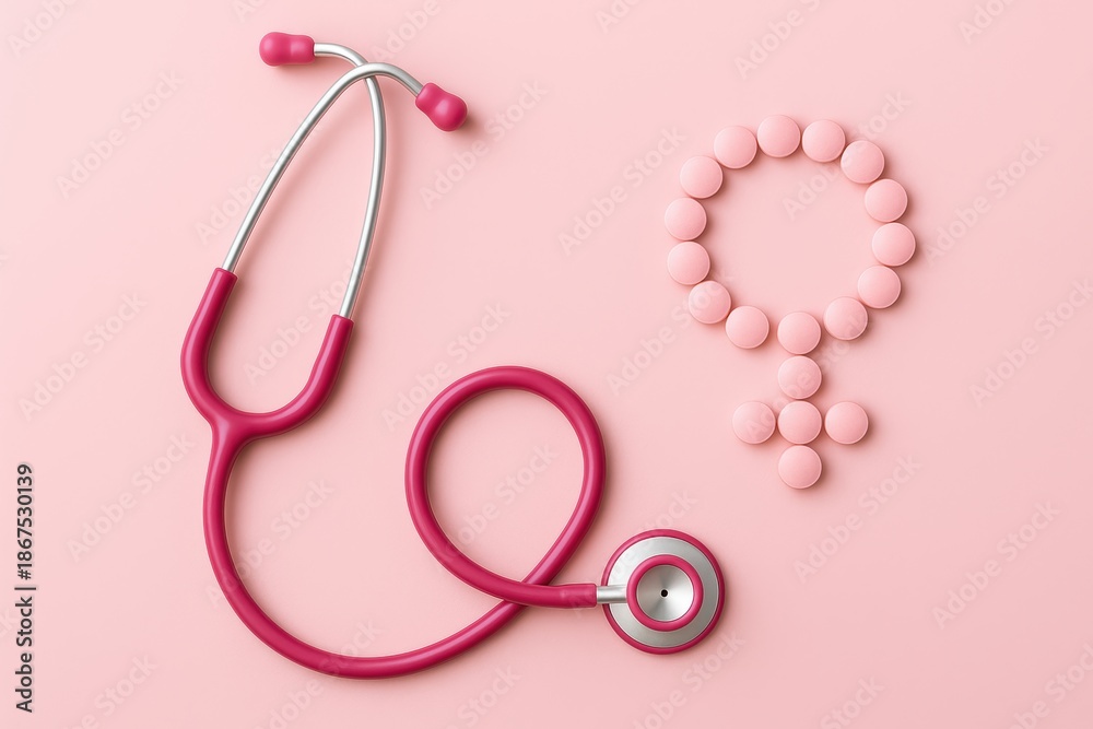 Fototapeta premium Healthcare Harmony: A stethoscope elegantly placed alongside pills forming the symbol for female, symbolizing healthcare and well-being.