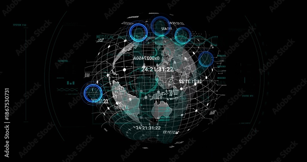 Obraz premium Displaying 3D globe rotating on dark HUD showing wireframe, network nodes, cyan markers, timestamps