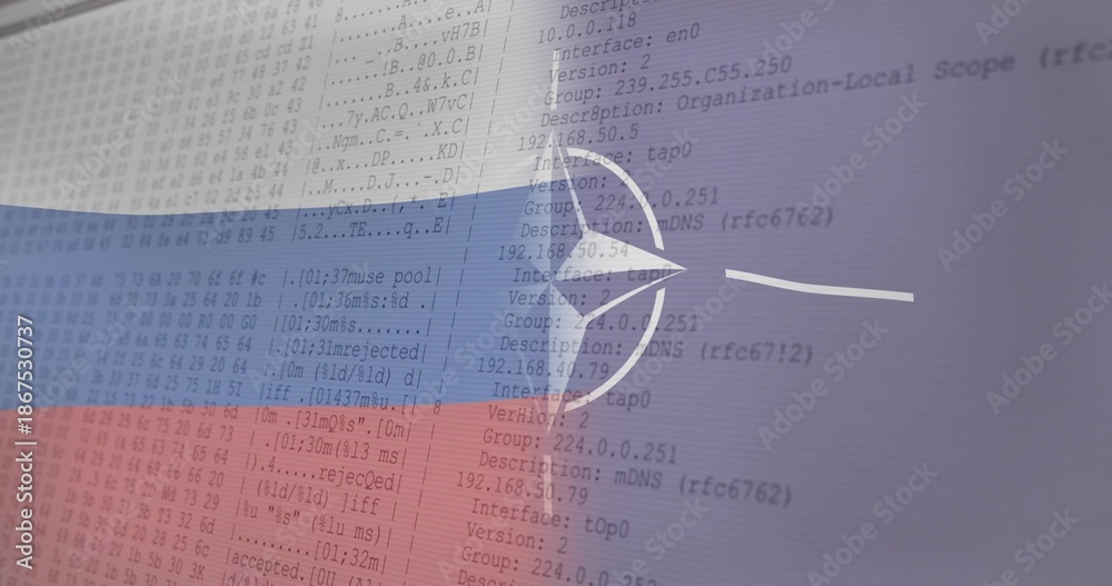 Fototapeta premium Showing muted tricolor flag with compass pointing right in digital composite with hex dump and logs