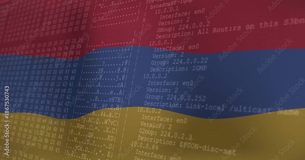 Naklejka premium Displaying translucent Armenian tricolor flag overlaying terminal text, hex dump and IP logs