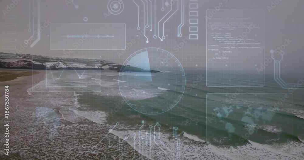 Obraz premium Displaying drone aerial coastline with sandy beach and rocky cliffs left, showing HUD radar