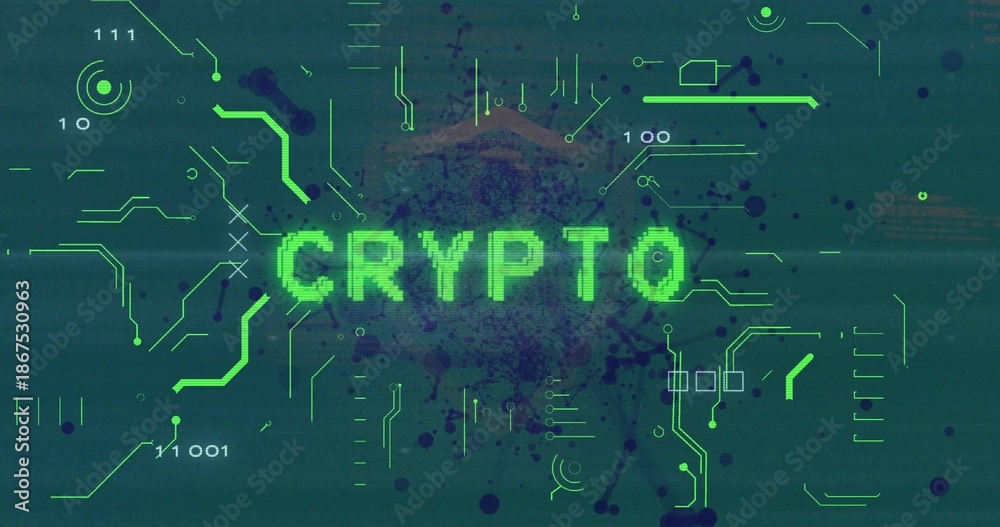 Naklejka premium Showing pixel green CRYPTO glowing over dark ink splatter displaying neon circuit traces binary HUD