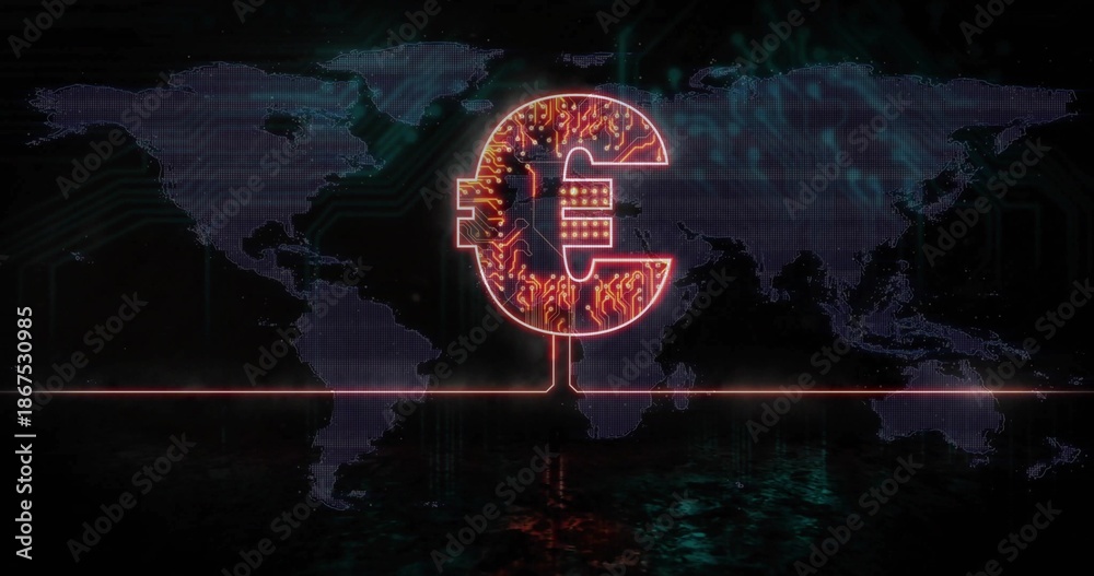 Fototapeta premium Glowing euro mic emblem projecting circuitry on cyber stage with dotted world map and red bar