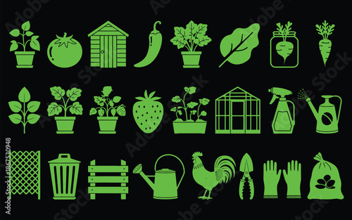 sustainable urban farming flat iconography set vector, modern Eco agriculture symbols for UIUX design, books, digital interfaces, graphic design projects, and decorative visual assets.