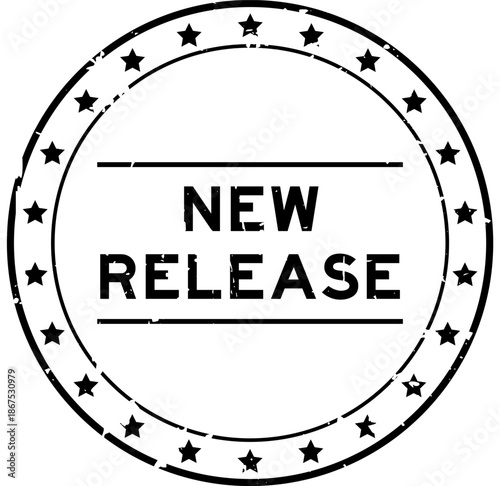 Grunge black new release word round rubber seal stamp on white background