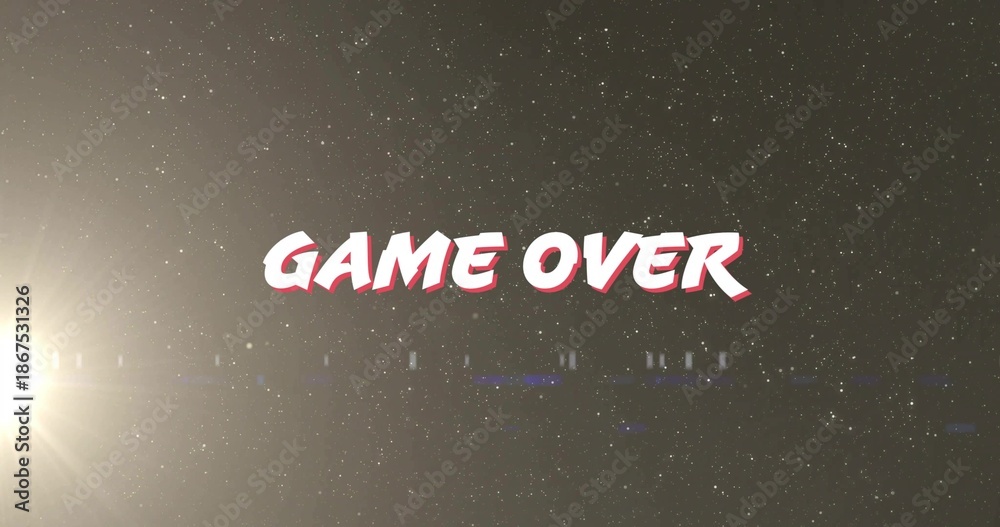 Naklejka premium Displaying centered stylized GAME OVER text floating over star specks, with bright left lens flare