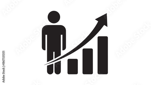 Black Silhouette Person with Growing Bar Chart and Upward Arrow Vector Illustration