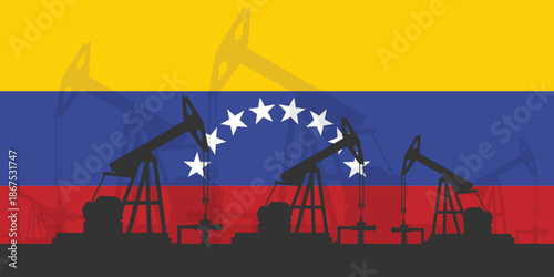 Oil rig pumpjack background. Venezuela petroleum industry. Venezuelan flag. Crude oil
