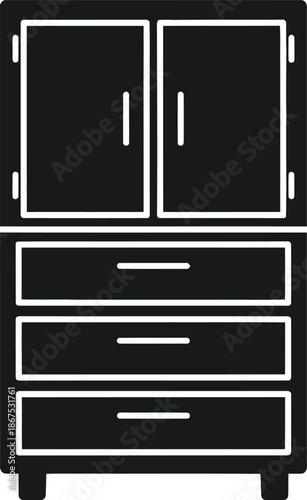 Silhouette illustration of a storage cabinet with two doors and three drawers