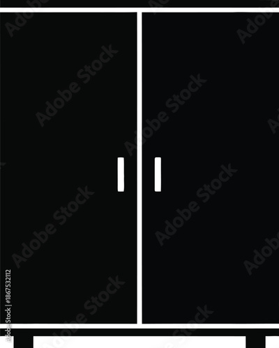 A simple black silhouette icon of a two-door wardrobe or closet for clothes storage