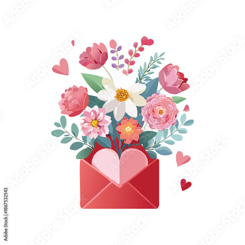 A beautiful pink rose bouquet and floral heart vector illustration for a romantic Valentine Day wedding card design featuring spring blossom flowers and nature leaf art