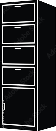 Minimalist black and white icon illustration of a tall storage cabinet with drawers and a door