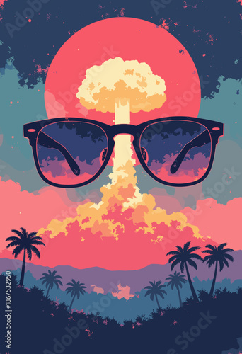  A giant pair of retro sunglasses floating in the sky. The lenses reflect a nuclear explosion that looks like a palm tree. Red Sun background with gritty noise texture. Kanji for 'Summer Heat'