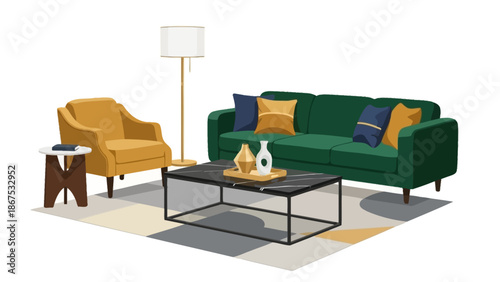 Cozy Living Room with Green Sofa, Armchair, and Coffee Table