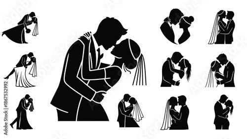 Black silhouette illustrations of couples kissing and embracing in various romantic poses on white background with love and vector and graphic