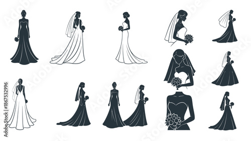 Collection of elegant black and white wedding dress silhouettes with veils and bouquets in various poses on white background with wedding gowns