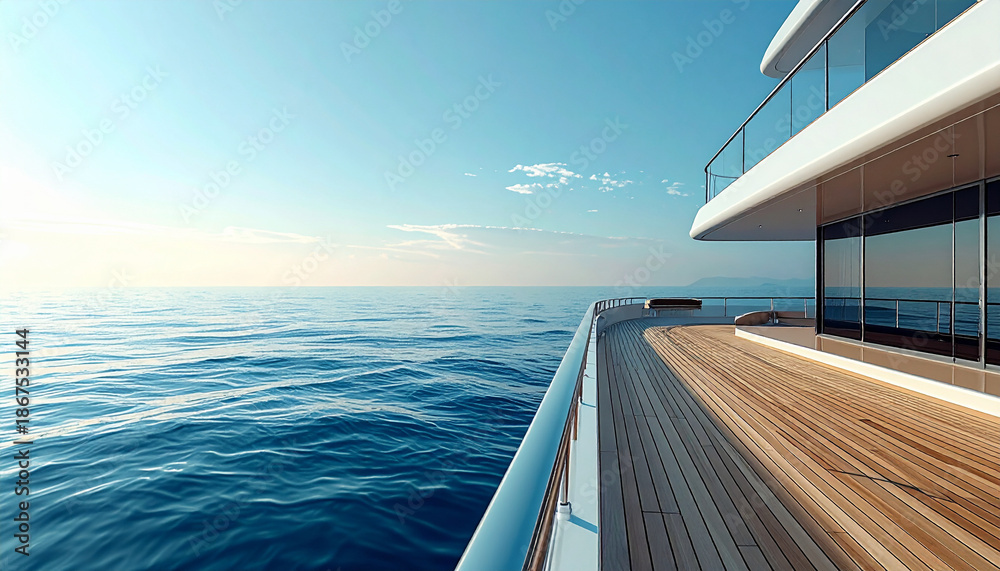 Fototapeta premium A luxury yacht deck on the right side of the frame with vast open ocean on the left, smooth horizon line background