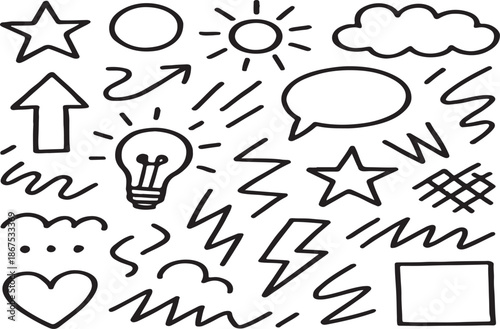 A collection of various black and white doodles and symbols on a white background