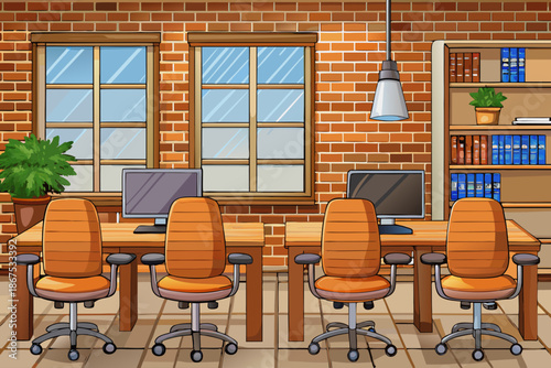 A modern office workspace with light wood chairs, a large desk with warm wood accents that create a stylish professional environment, a clean and simple design, and a brick wall in the background.