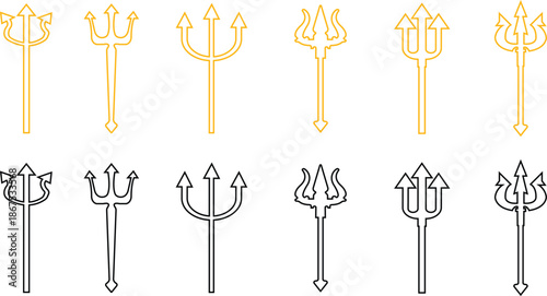 Trident Line Style Vector Icon Set, Mythology Weapon Symbol Collection and Ancient Outline Graphic Group Featuring Trishul, Spear and Fork Emblem Designs
